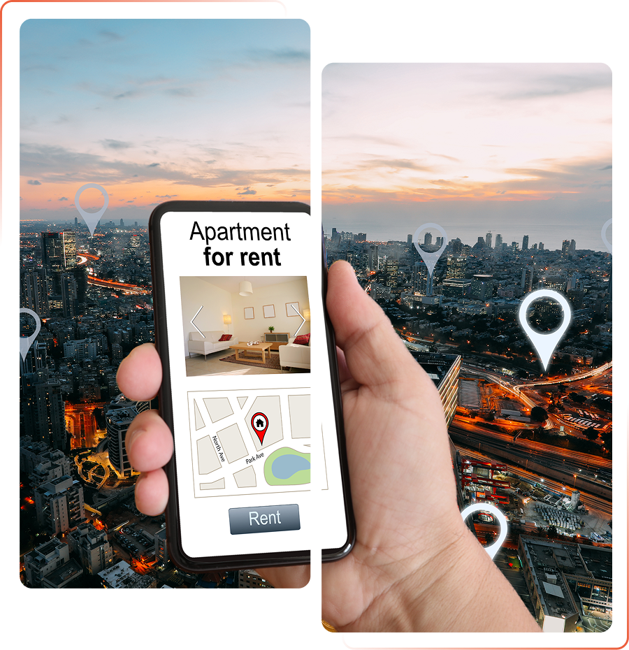 A person holding up a phone with an image of the city.