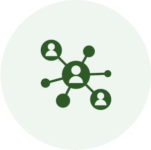 A green circle with a group of people connected to it.