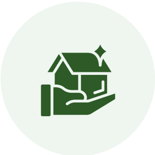A green icon of a hand holding a house.