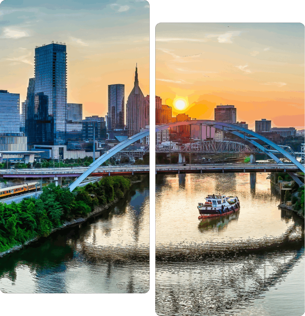 A double image of the sun setting over a city.